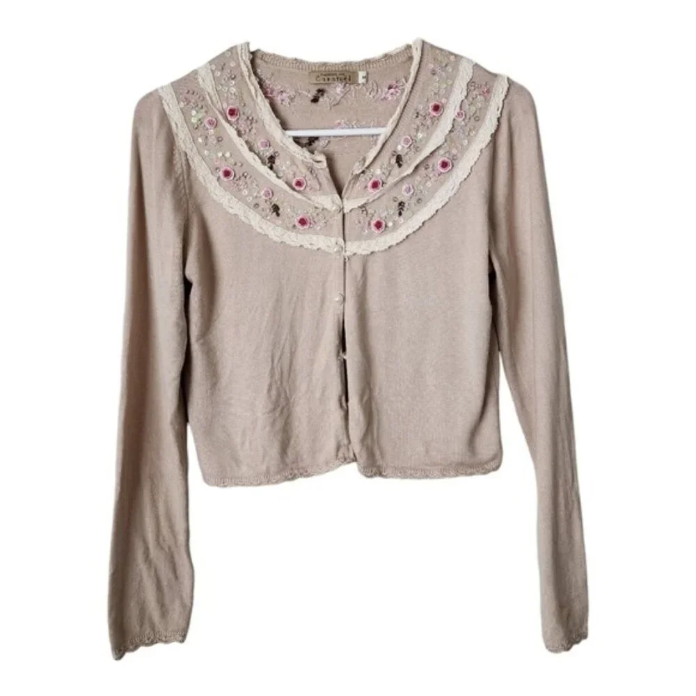 Y2K Coquette Cream Knit Cardigan Top with Floral Beading Pearls Sequins M - Picture 2 of 11
